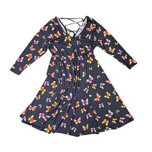 Torrid Black Butterfly Print Long Sleeve Criss‎ Cross Back Midi Dress